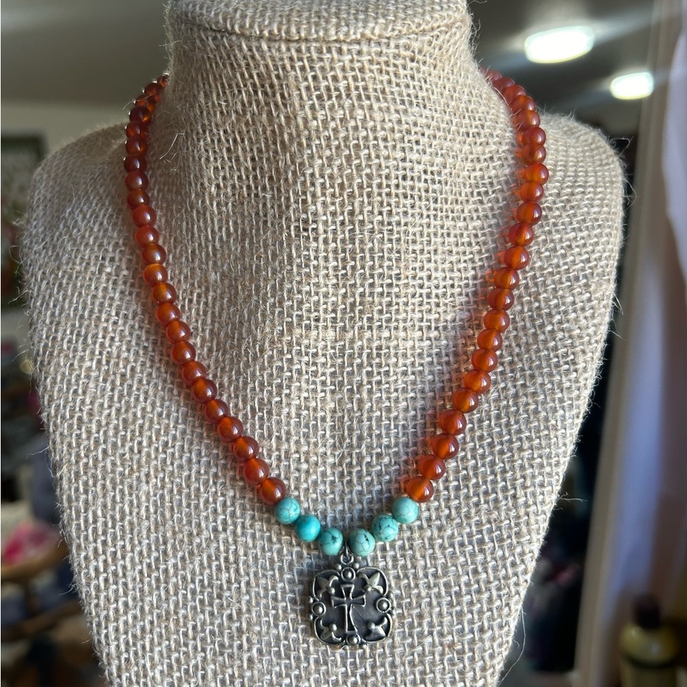 Sterling Silver Cross pendant with Turquoise and Cornelian beads
